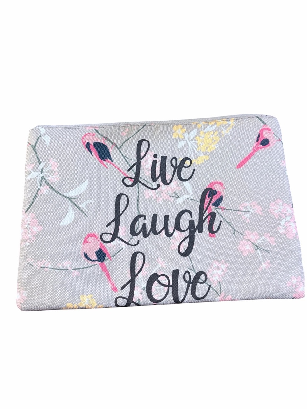 Gray Floral and Bird Print Zipper Cosmetic Makeup Travel Pouch